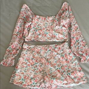 Pink Lily Floral Belted Crop Top and Shorts